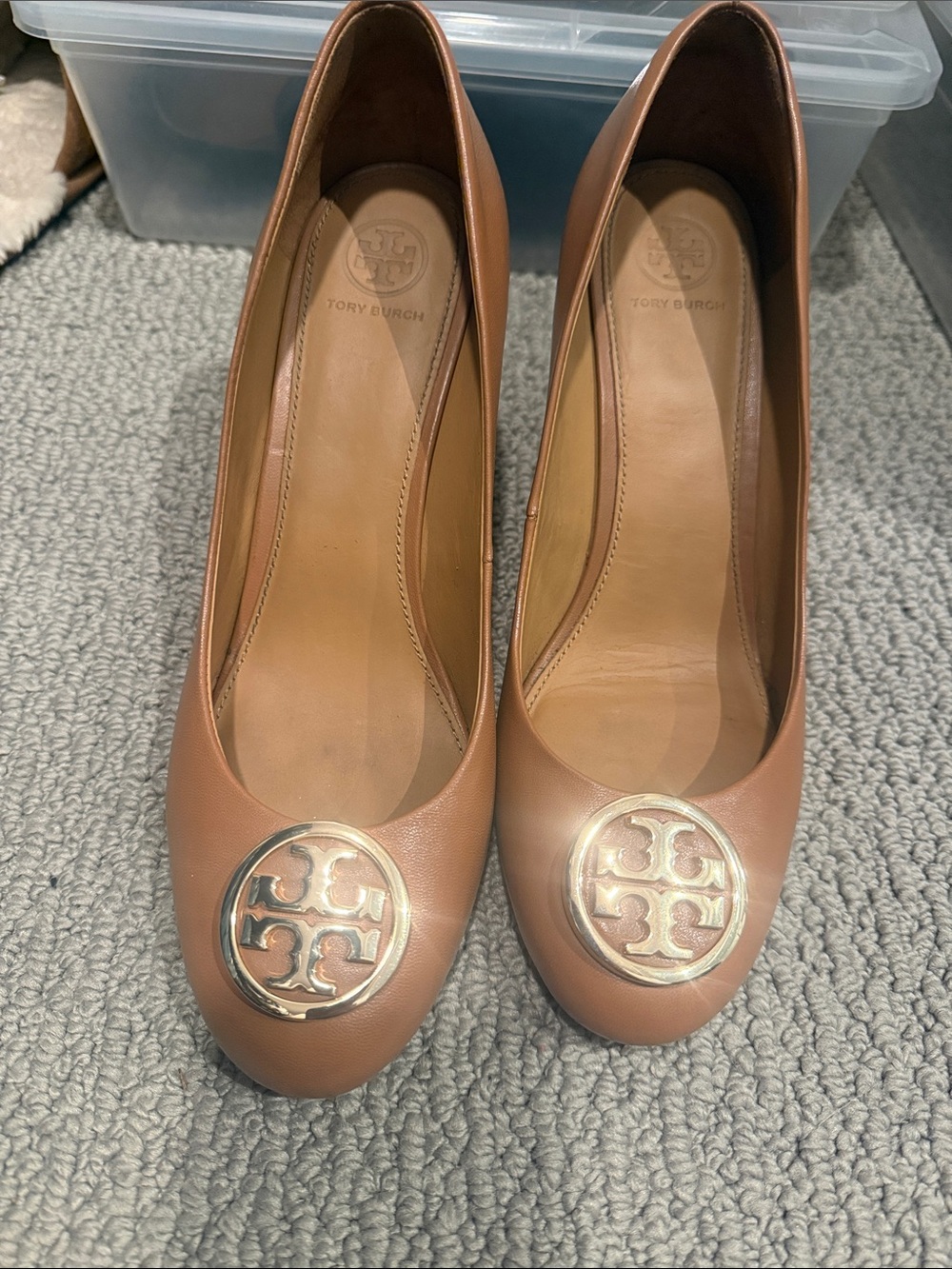 Tory Burch Tan Leather Logo Round-Toe Flats